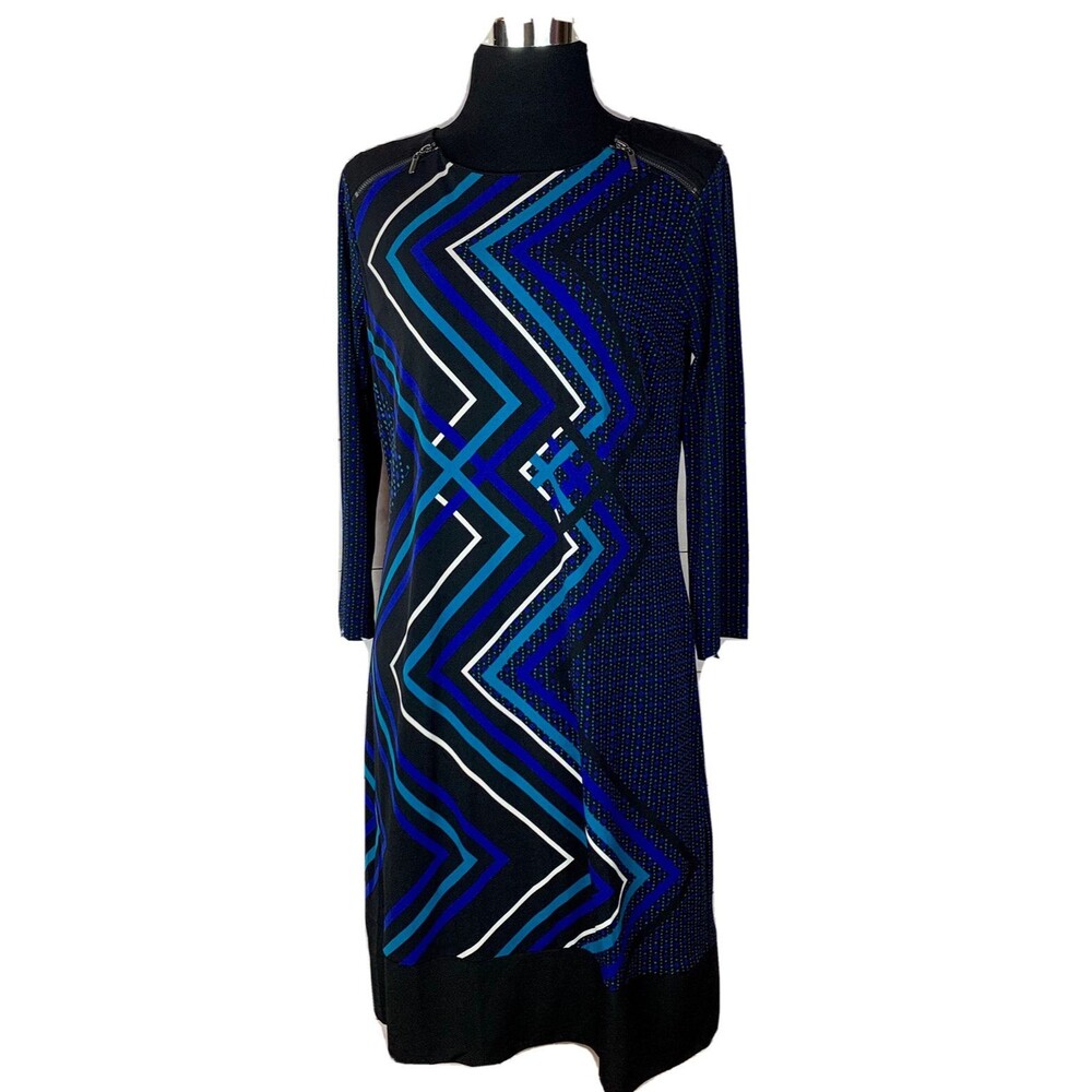Rafaella dress Medium 8 10 lined geometric zipper stretch knee length blue black